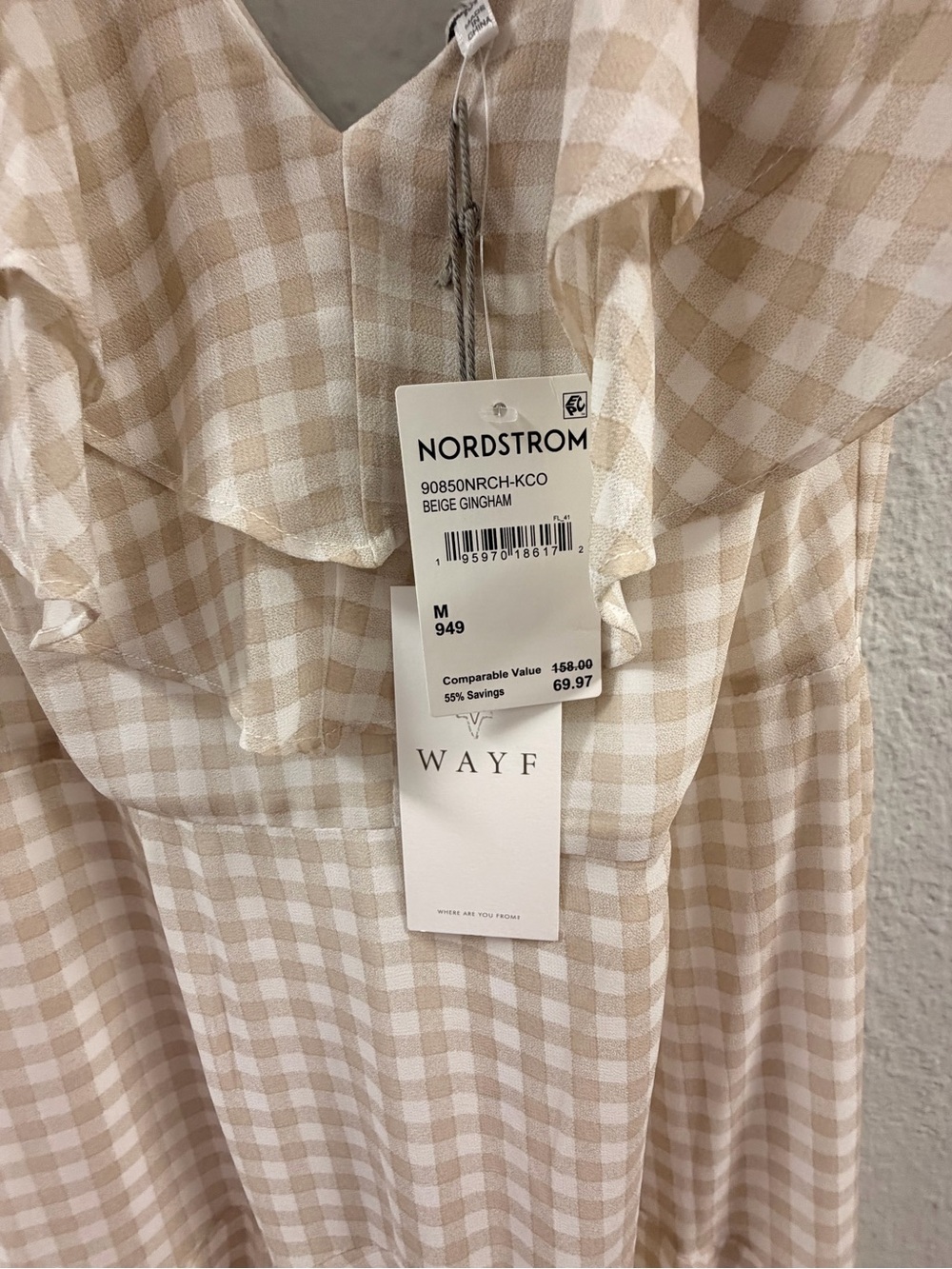 Wayf Beige Gingham Ruffle Midi Dress - Picture 2 of 7